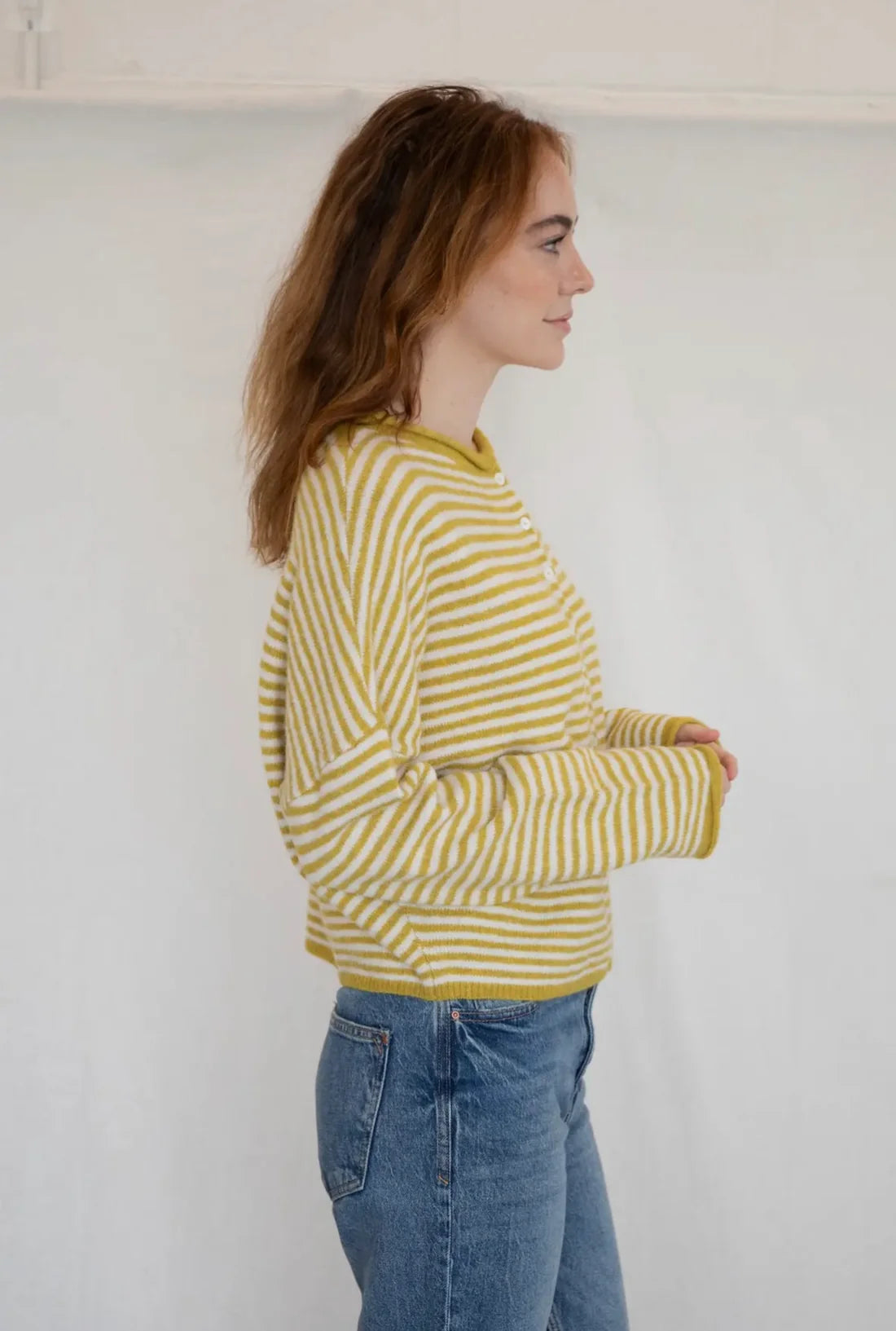Hailey Button Down Cardigan in Mini Striped Dijon Yellow, side view
