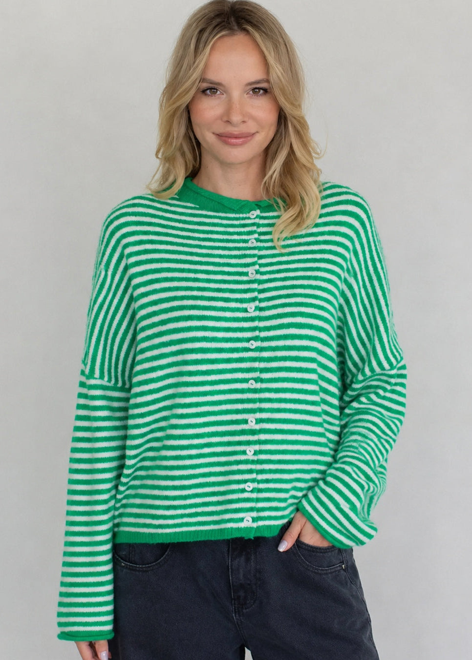 Things Between Piper Cardigan Mini Stripe Green - relaxed fit front view
