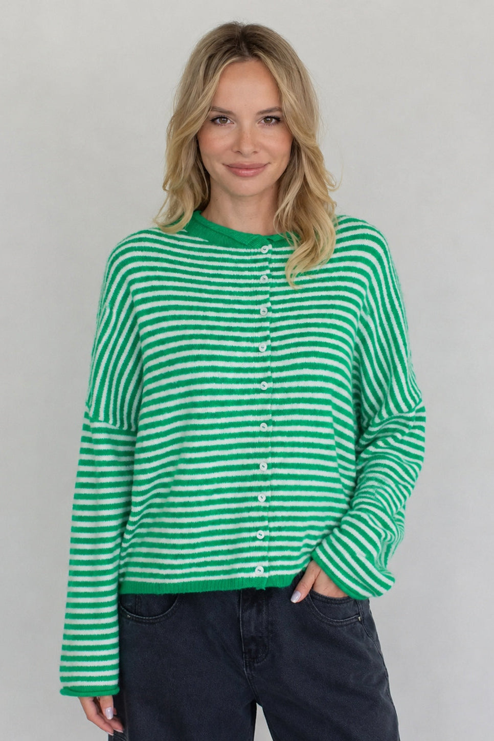 Hailey Button Down Cardigan in mini striped green - front view