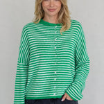 Hailey Button Down Cardigan in mini striped green - front view