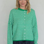 Hailey Button Down Cardigan in mini striped green, front studio view