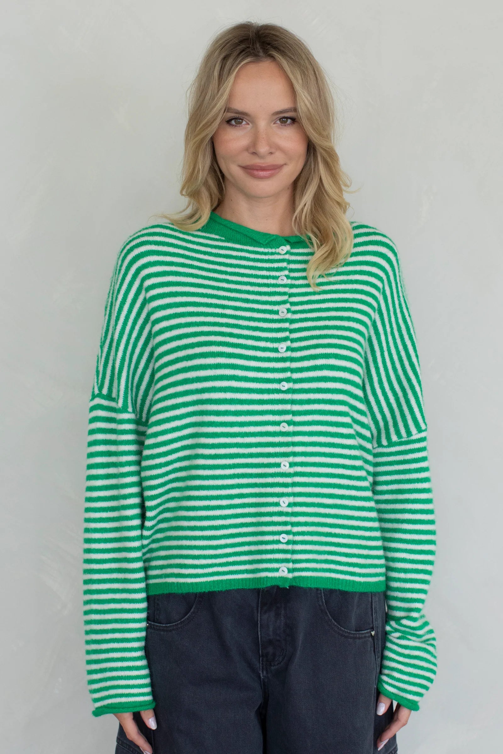 Hailey Button Down Cardigan in mini striped green, front studio view