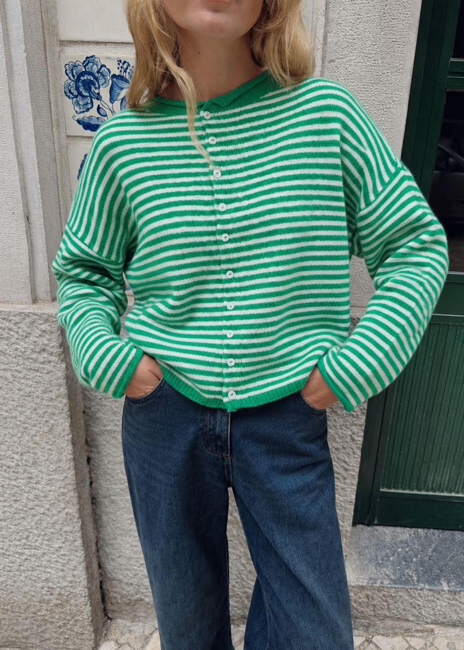 Things Between Piper Cardigan Mini Stripe Green - lifestyle view