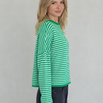Hailey Button Down Cardigan in mini striped green, side studio view