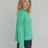 Hailey Button Down Cardigan in mini striped green, side studio view