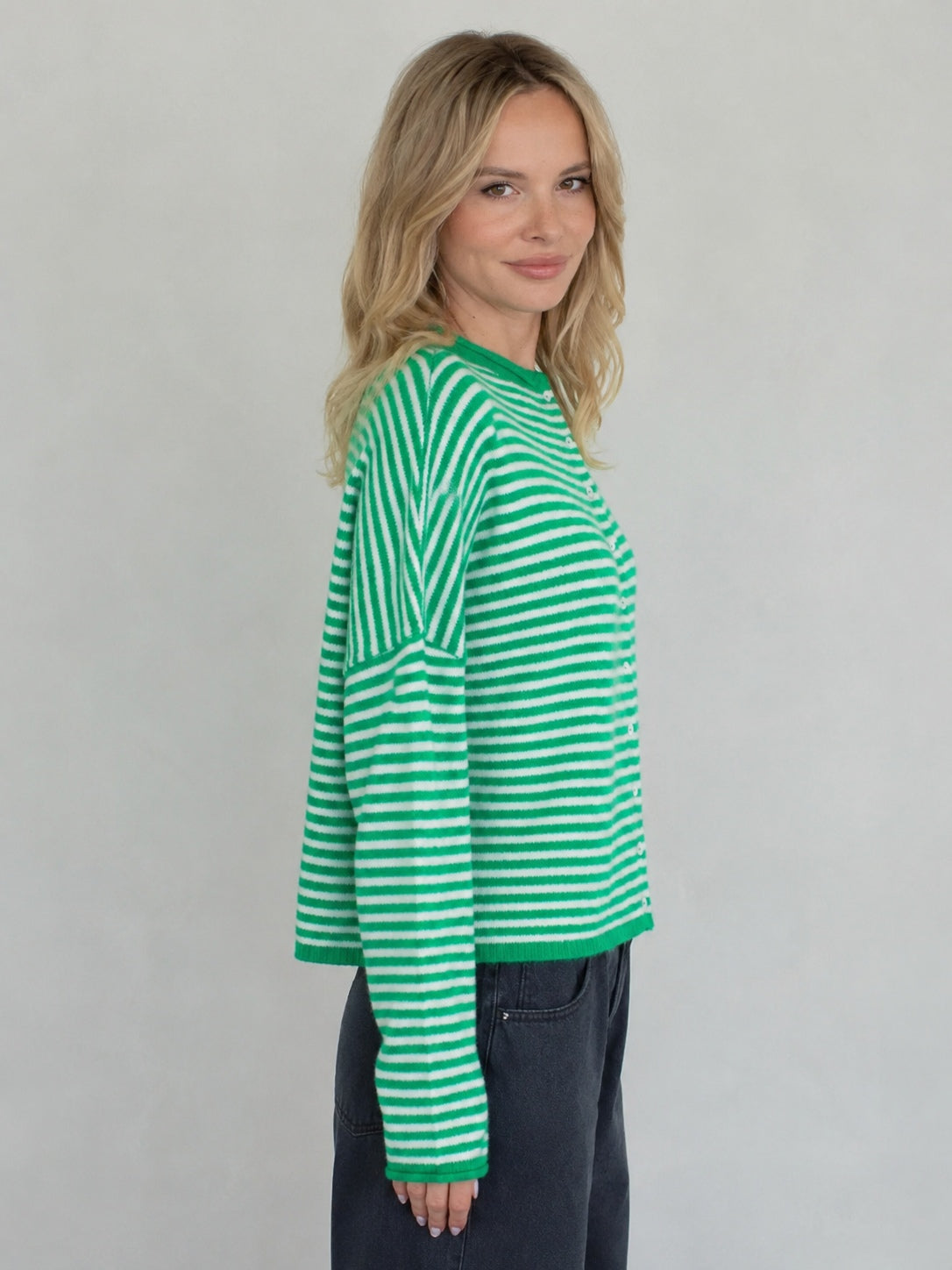 Hailey Button Down Cardigan in mini striped green, side studio view