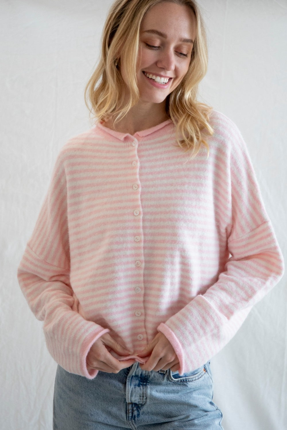 Hailey Button Down Cardigan in Mini Striped Pink, front view