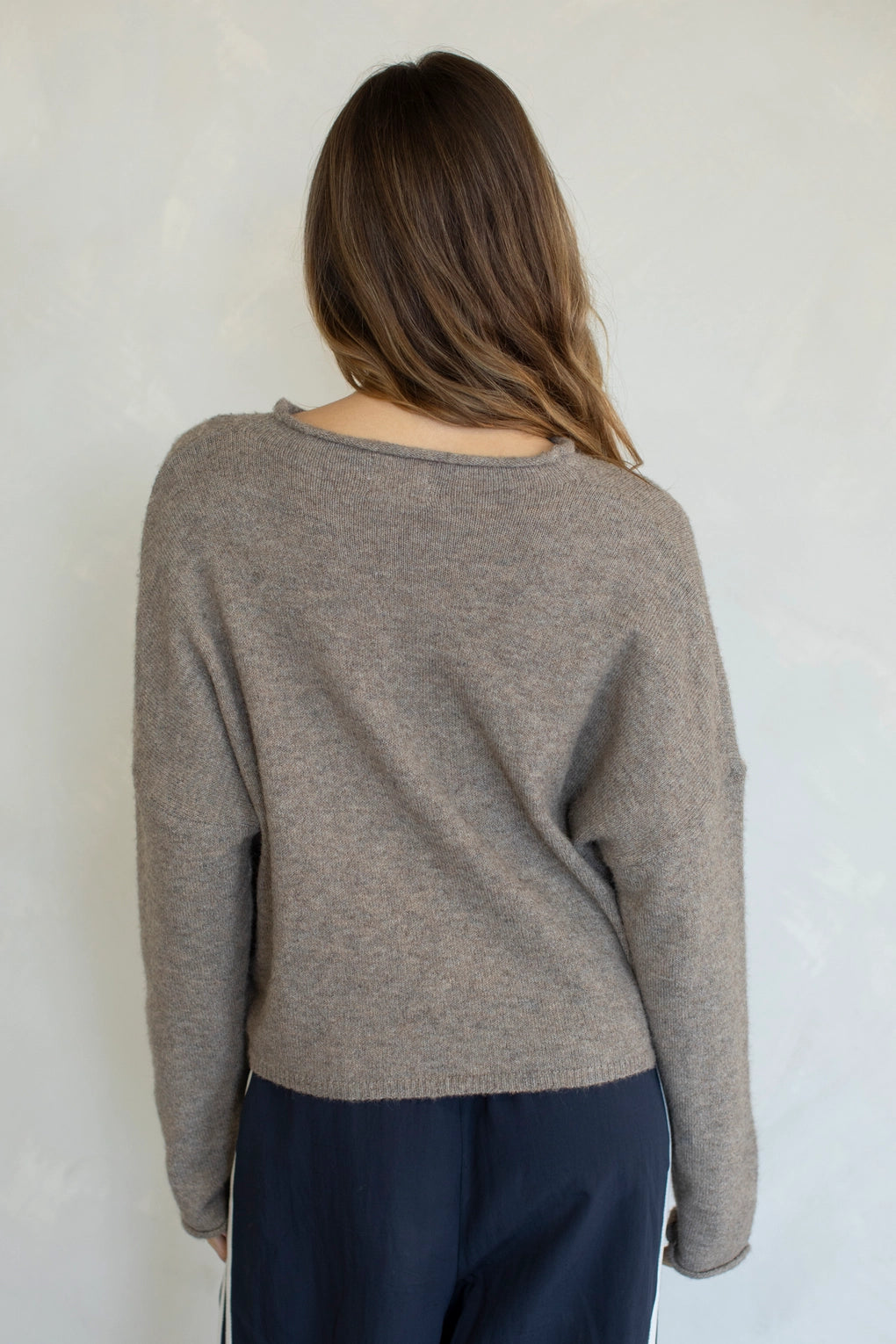 Side view of Hailey Button Down Cardigan in Mocha, lightweight women’s everyday cardigan