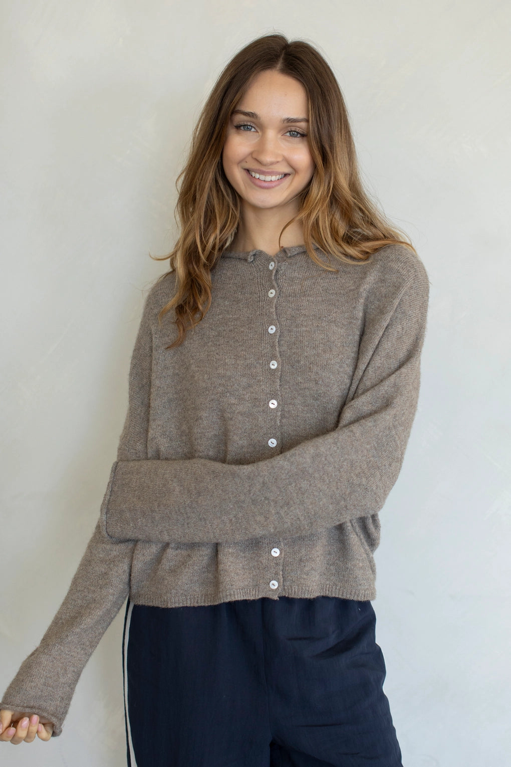 Hailey Button Down Cardigan in Mocha front view, soft lightweight button-down knit cardigan