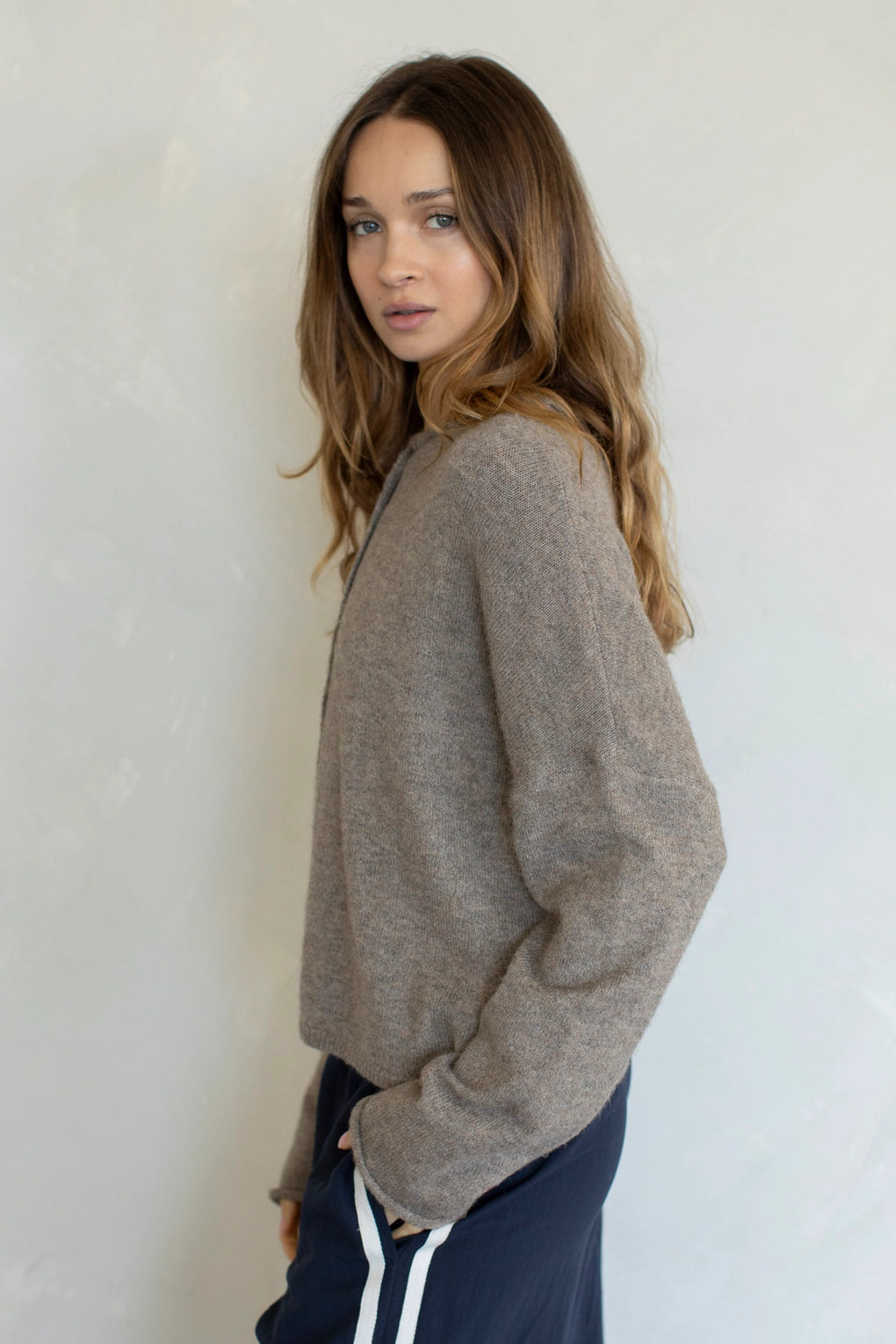 Back view of Hailey Button Down Cardigan in Mocha, soft lightweight knit cardigan for women