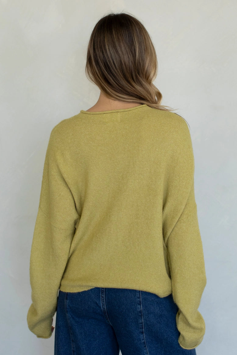 Back view of the Hailey Button Down Cardigan (Piper Cardigan) in moss showing relaxed fit