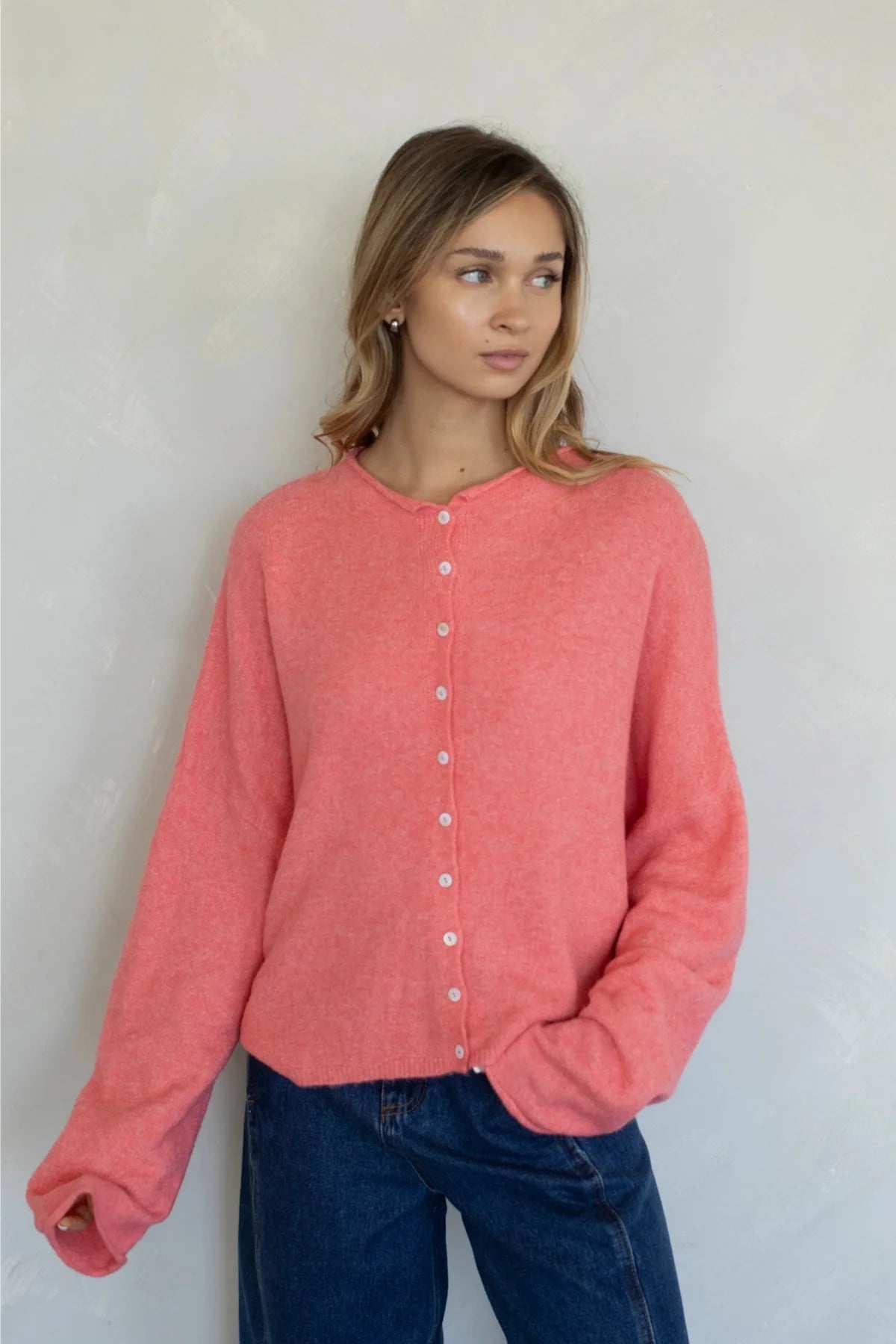 Hailey Button Down Cardigan in Peach, front view