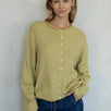 Hailey button down cardigan in honey pin stripe, front view with soft lightweight knit