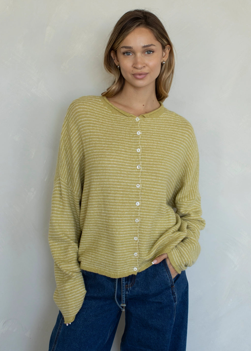Things Between Piper Cardigan Pin-Striped Honey - lifestyle front view