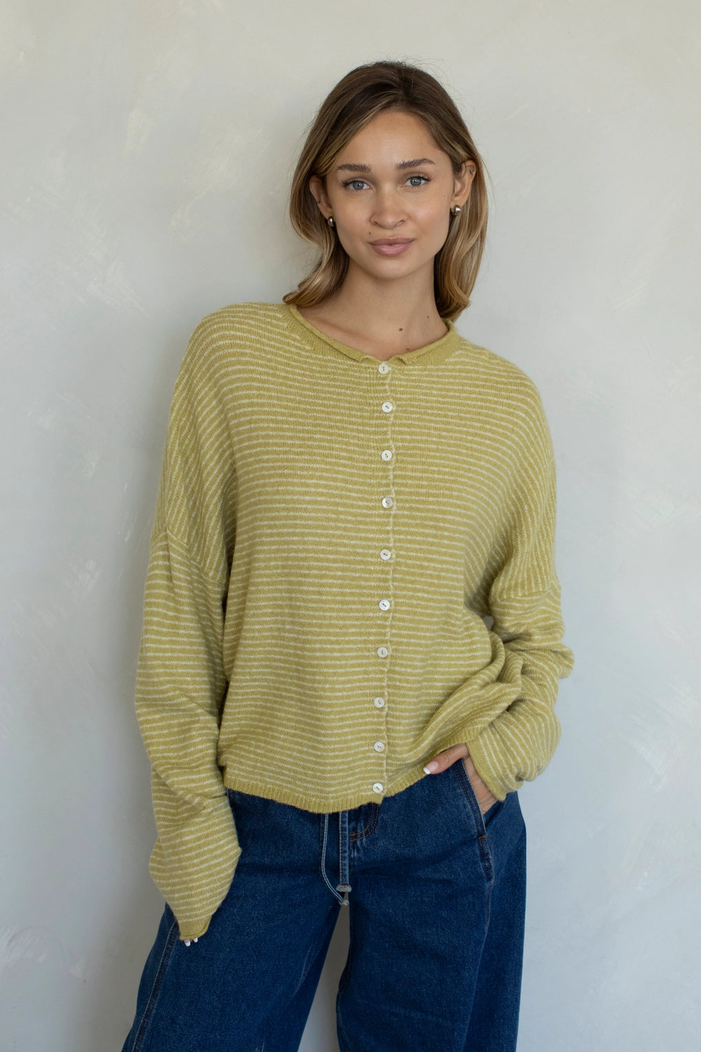Hailey button down cardigan in honey pin stripe, front view with soft lightweight knit