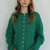 Hailey button down cardigan in kelly green pin stripe, front view with soft lightweight knit