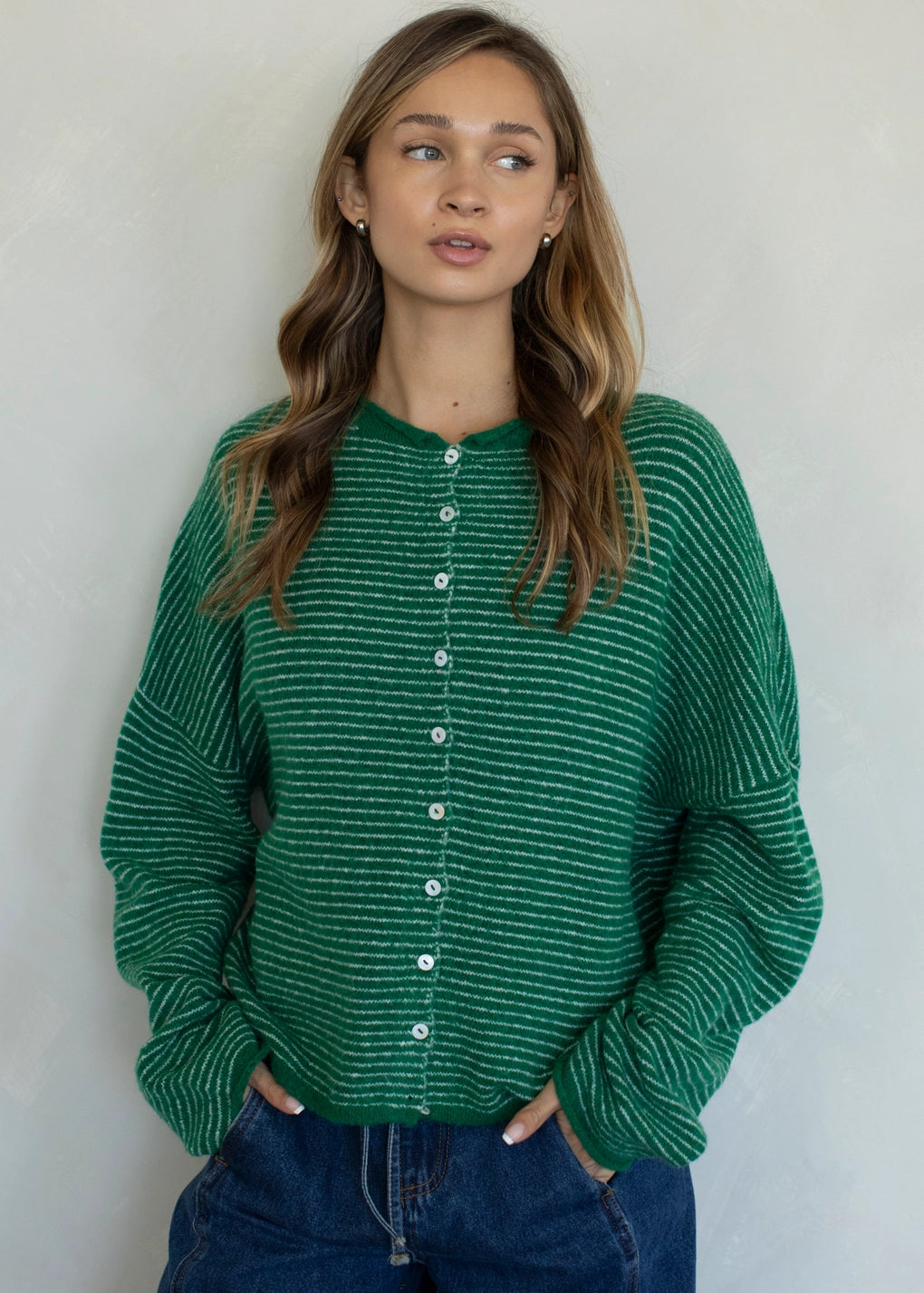 Things Between Piper Cardigan Pin-Striped Kelly Green - front view