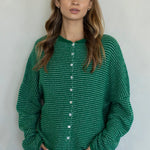 Hailey button down cardigan in kelly green pin stripe, front view with soft lightweight knit