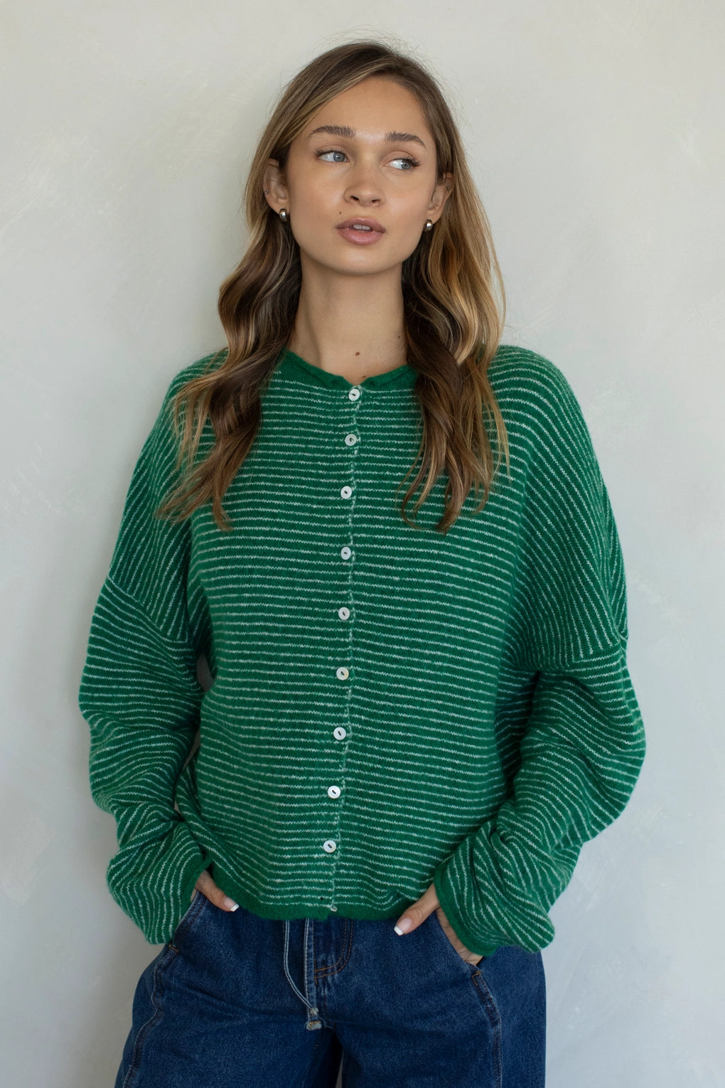 Hailey button down cardigan in kelly green pin stripe, front view with soft lightweight knit