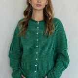 Hailey button down cardigan in kelly green pin stripe, front view with soft lightweight knit