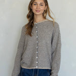 Hailey button down cardigan in natural pin stripe, front view with soft lightweight knit