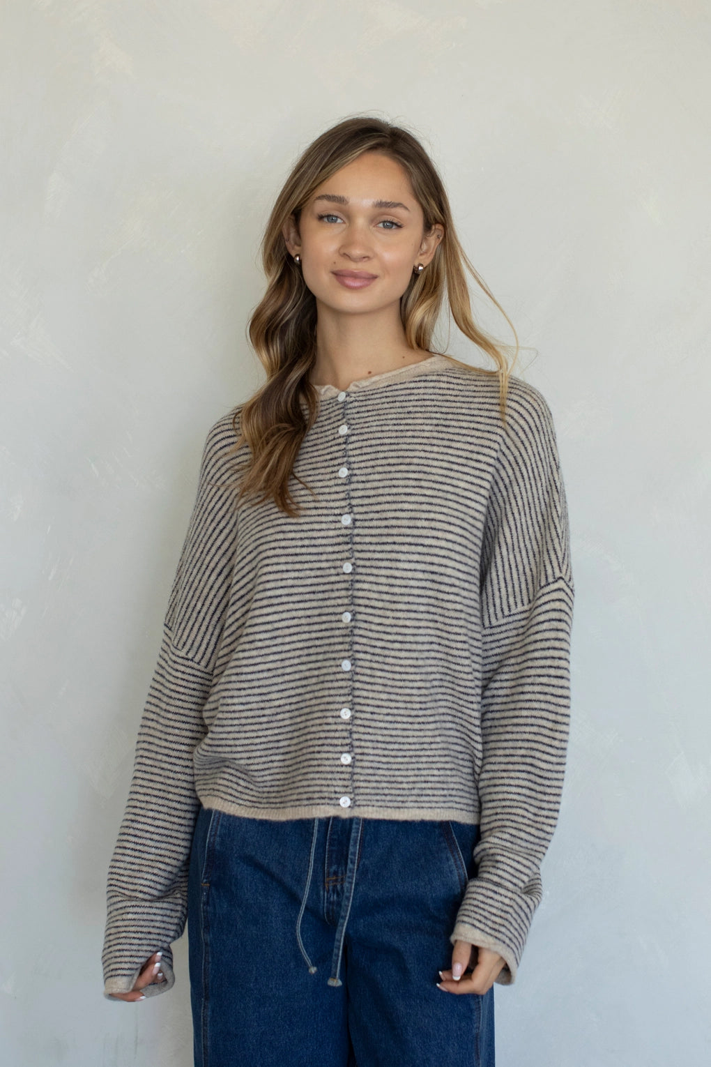 Hailey button down cardigan in natural pin stripe, front view with soft lightweight knit