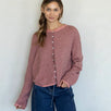 Hailey button down cardigan in rose pin stripe, front view with soft lightweight knit