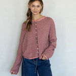 Hailey button down cardigan in rose pin stripe, front view with soft lightweight knit