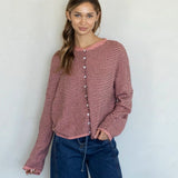Hailey button down cardigan in rose pin stripe, front view with soft lightweight knit