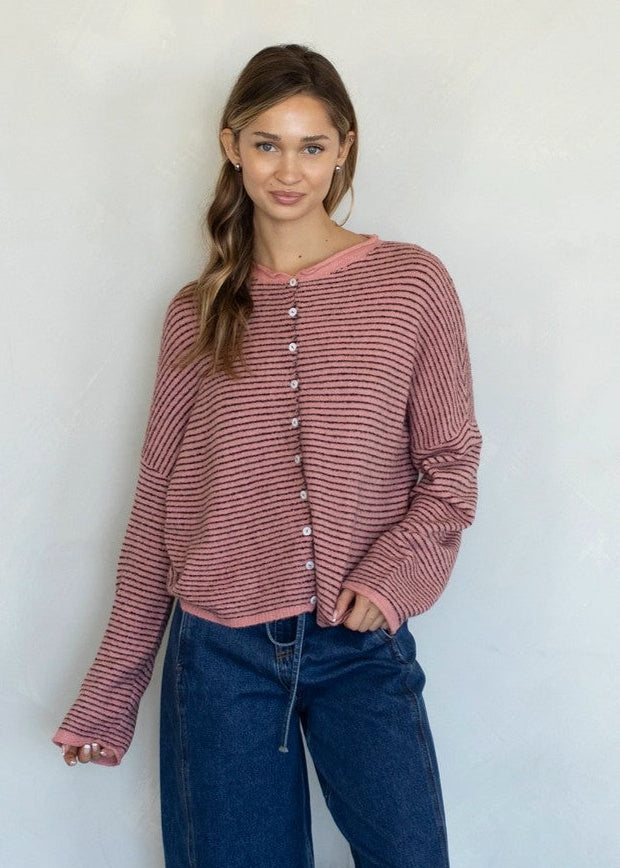 Things Between Piper Cardigan Pin-Striped Rose - front view