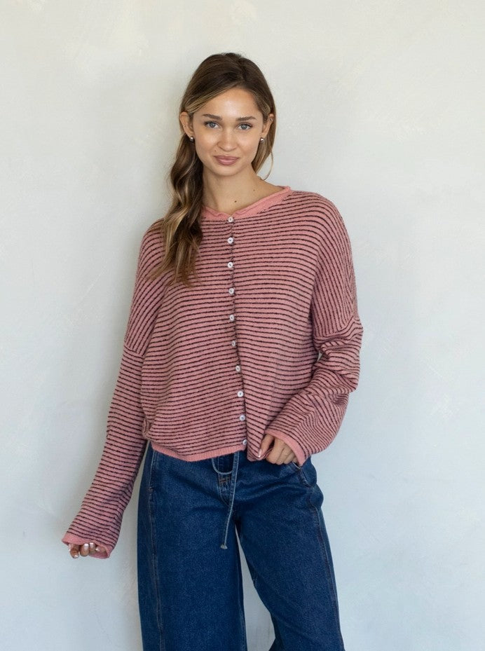 Hailey button down cardigan in rose pin stripe, front view with soft lightweight knit