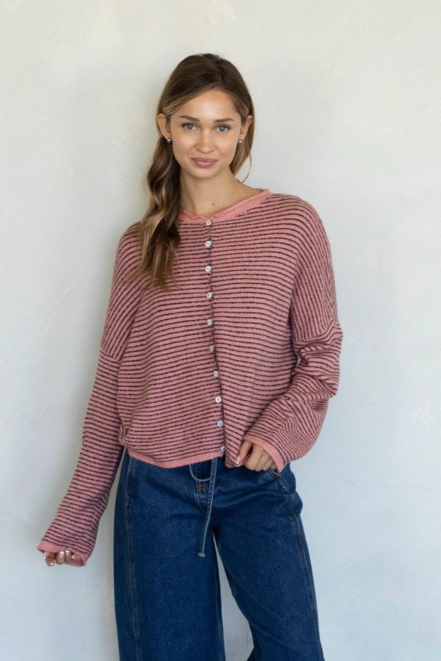 Things Between Piper Cardigan Pin-Striped Rose - front view