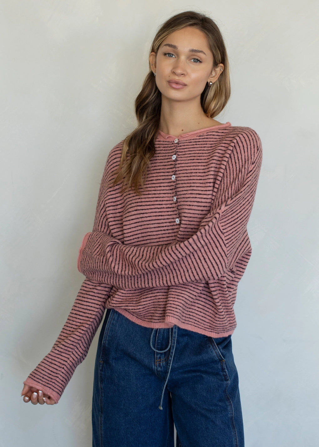 Things Between Piper Cardigan Pin-Striped Rose - lifestyle front view