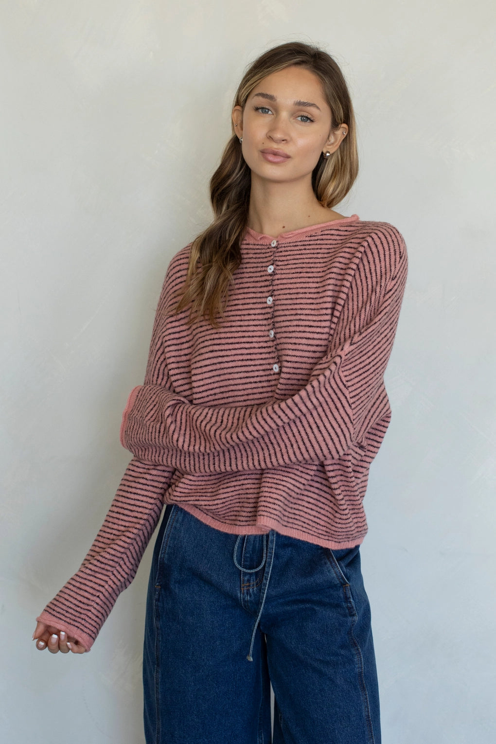 Rose pin striped button down cardigan with soft knit and relaxed silhouette