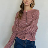 Rose pin striped button down cardigan with soft knit and relaxed silhouette