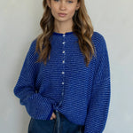 Hailey button down cardigan in royal blue pin stripe, front view
