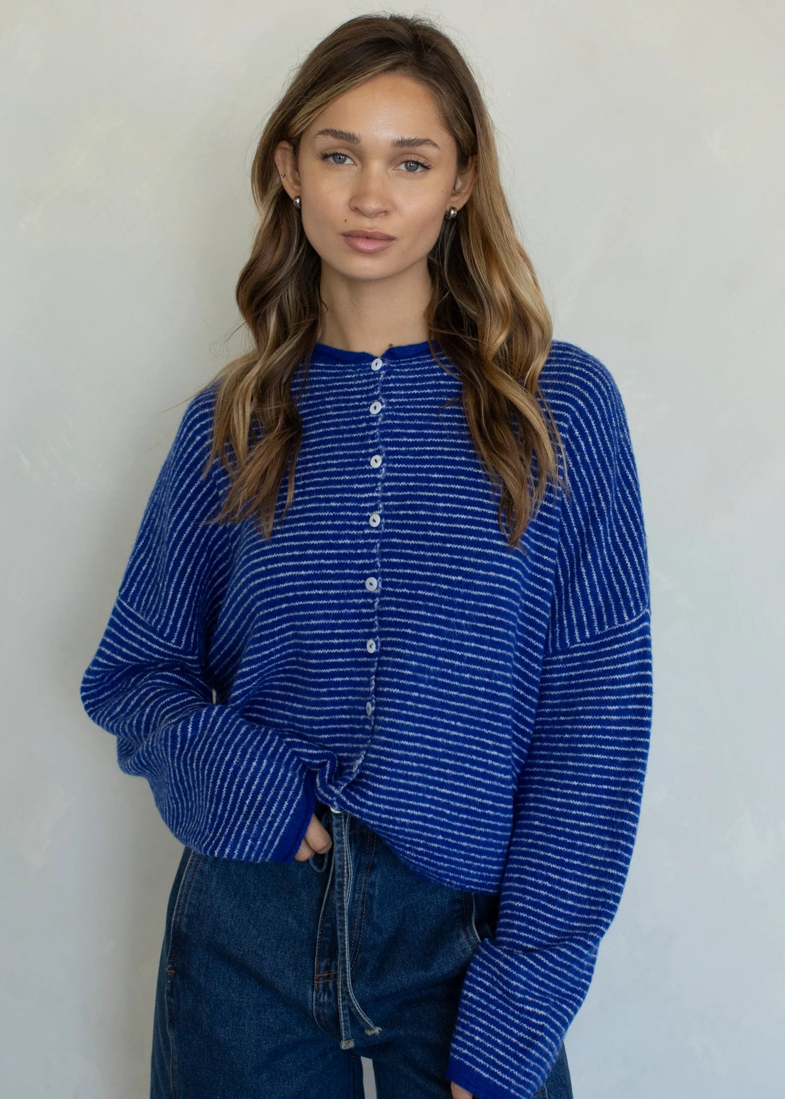 Things Between Piper Cardigan Pin-Striped Royal - front view