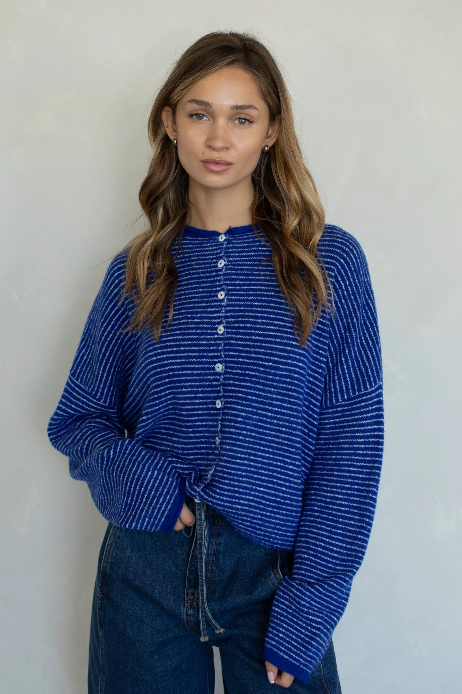 Hailey button down cardigan in royal blue pin stripe, front view
