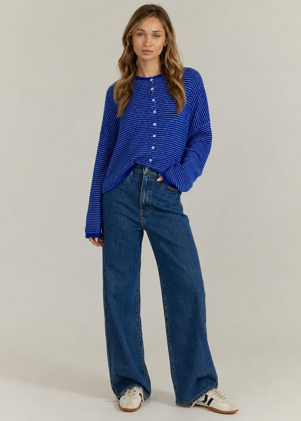 Things Between Piper Cardigan Pin-Striped Royal - full outfit view