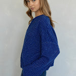 Side view of Hailey royal blue striped cardigan
