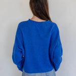 Back of the Hailey Button Down Cardigan (Piper Cardigan) in blue — classic lightweight knit design with simple drape.