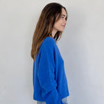 Side view of the Piper Cardigan, also called the Hailey Button Down Cardigan, in blue — relaxed fit and soft knit texture.