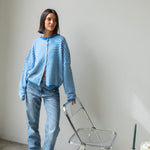 Mini striped blue Piper Cardigan (Hailey Button Down Cardigan) styled with jeans — cozy and cute everyday layering piece.