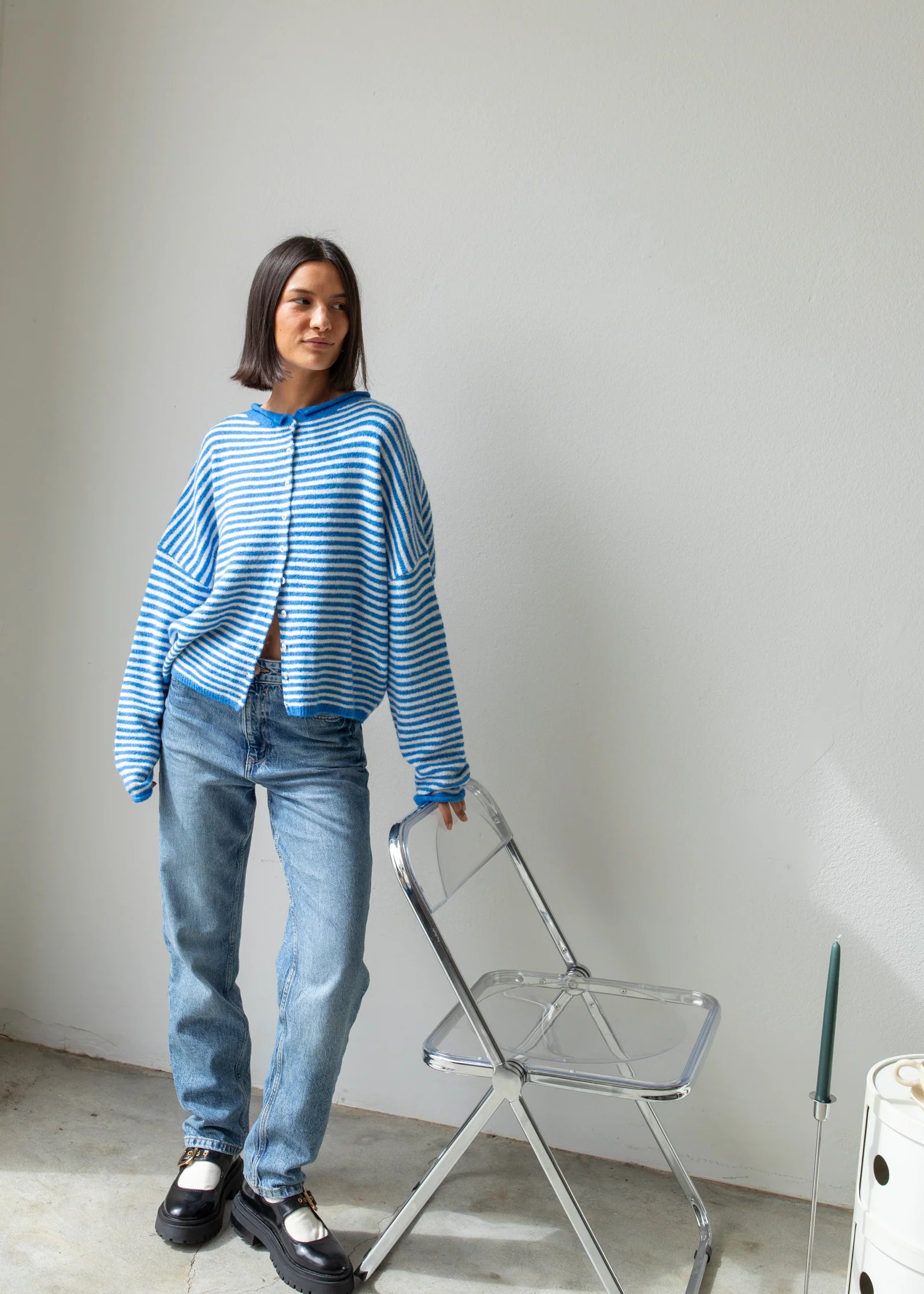 Mini striped blue Piper Cardigan (Hailey Button Down Cardigan) styled with jeans — cozy and cute everyday layering piece.