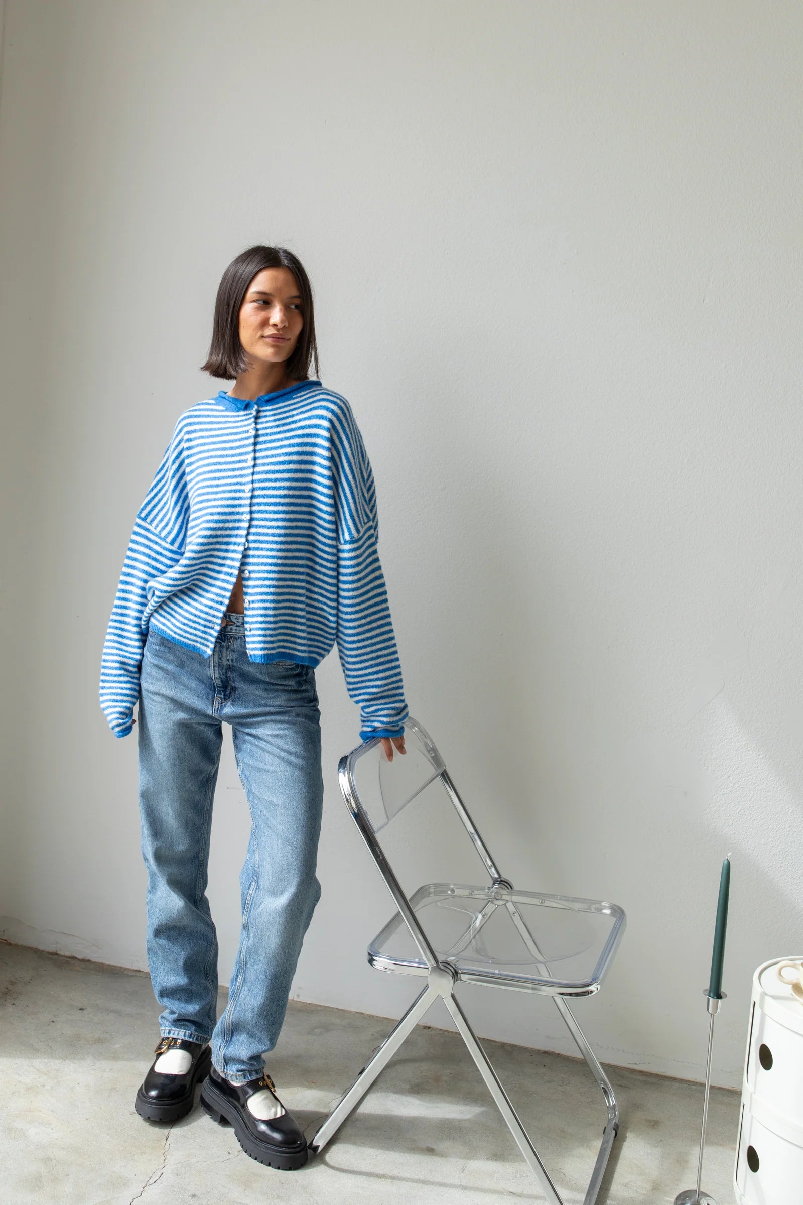 Mini striped blue Piper Cardigan (Hailey Button Down Cardigan) styled with jeans — cozy and cute everyday layering piece.