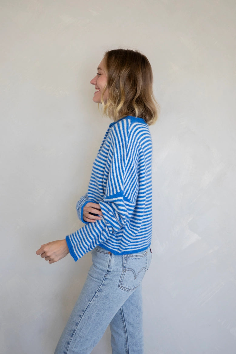 Side view of the Piper Cardigan (Hailey Button Down Cardigan) in mini striped blue — lightweight knit with relaxed fit.