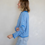 Side view of the Piper Cardigan (Hailey Button Down Cardigan) in mini striped blue — lightweight knit with relaxed fit.