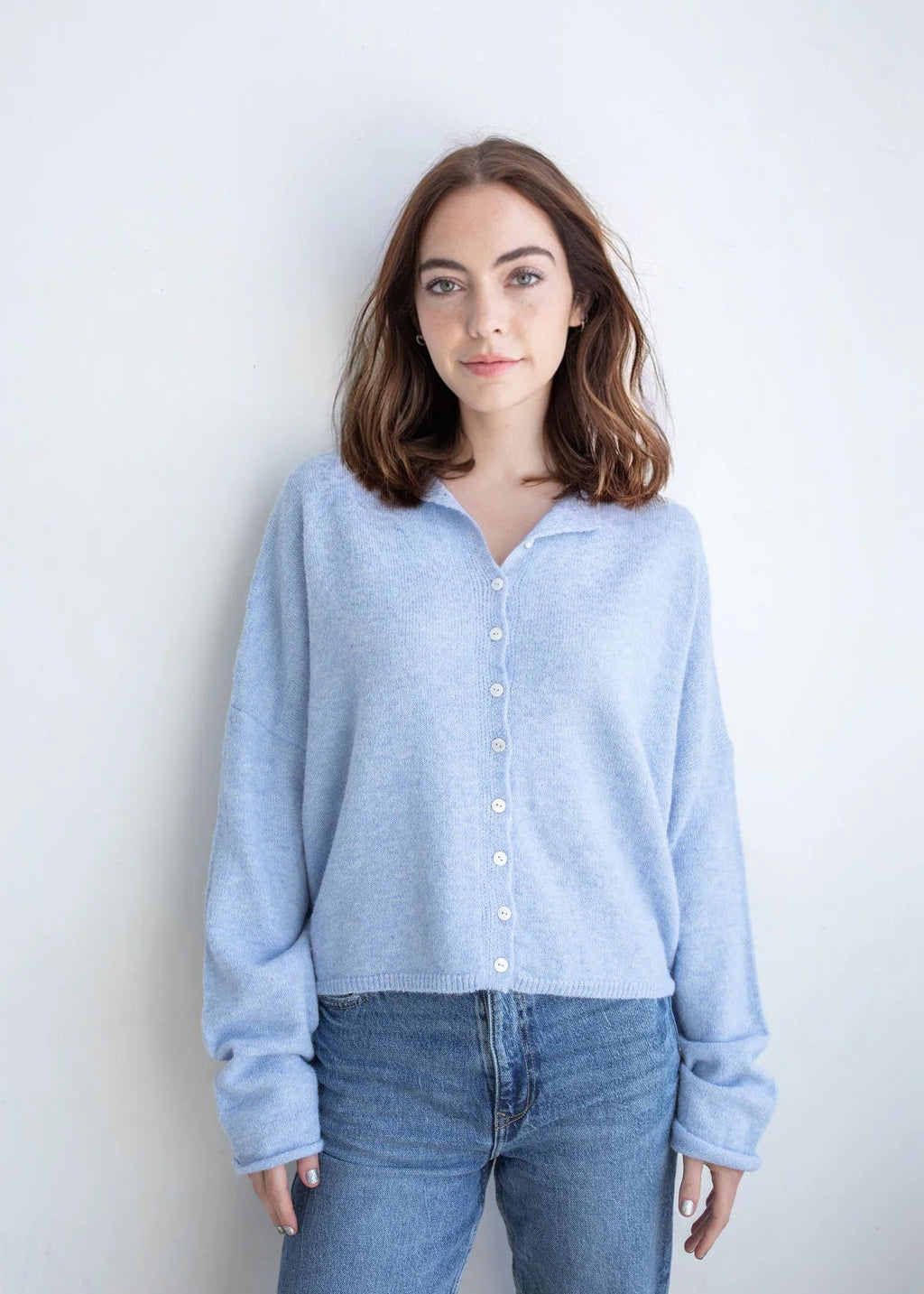 Model is wearing Hailey Button Down Cardigan – Sky Blue (also known as the Piper Cardigan) - front view