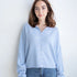 Model is wearing Hailey Button Down Cardigan – Sky Blue (also known as the Piper Cardigan) - front view