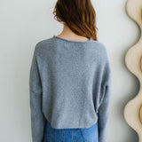 Back view of the Piper Cardigan in heather grey highlighting classic silhouette